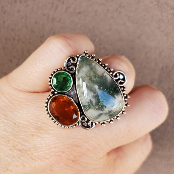 New Huge Moss Agate and Citrine 925 Silver Ring. - Picture 7 of 16